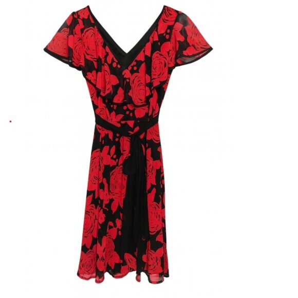 East 5th Red & Black Floral Chiffon Midi Dress Size 18 - Picture 3 of 13